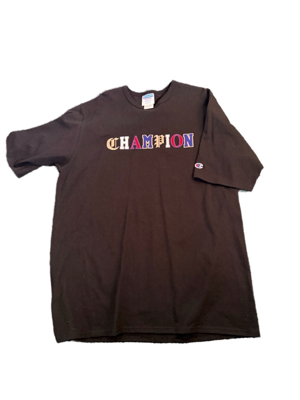 Champion Black Short Sleeve Tee with Multicolor Crest Logo